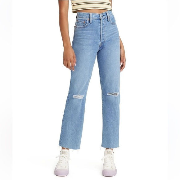 Levi's® Ribcage High Rise Destructed Detail Straight Ankle Jeans - Picture 1 of 9